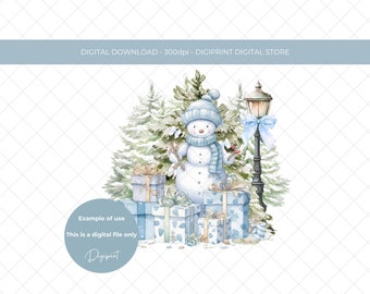 Blue Christmas snowman design PNG, Christmas holiday Digital file for print, Christmas Snowman clipart, pastel Christmas, kids Christmas PNG
