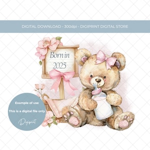 Geboren in 2025 Baby Aquarell Teddy Sublimation PNG, Neues Baby Kartendesign, Neues Baby Transfer Digitaldruck, Kindergarten Druck PNG