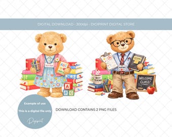 先生のテディベア PNG、生徒への感謝の水彩画クリップアート（デジタルダウンロード）