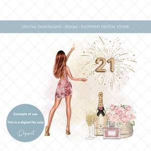 21. Geburtstag Champagner und Blumen Design für Mädchen PNG, Mädchen 21. Geburtstag Sublimation Clipart digitaler Download, 21. Geburtstag rote Haare