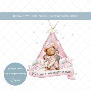 Welcome to my sleepover party birthday image, sleepover teddy birthday transfer image, pink girl birthday sublimation PNG digital download