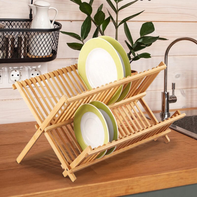 Bamboo Folding Dish Draining Rack Etsy UK