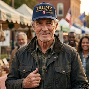 May include: A man wearing a navy blue baseball cap with the word "TRUMP" in gold lettering. The cap also features the text "My Hair is Harder to Hit Hilton 2025". He is wearing a dark jacket and a plaid shirt, smiling at the camera.