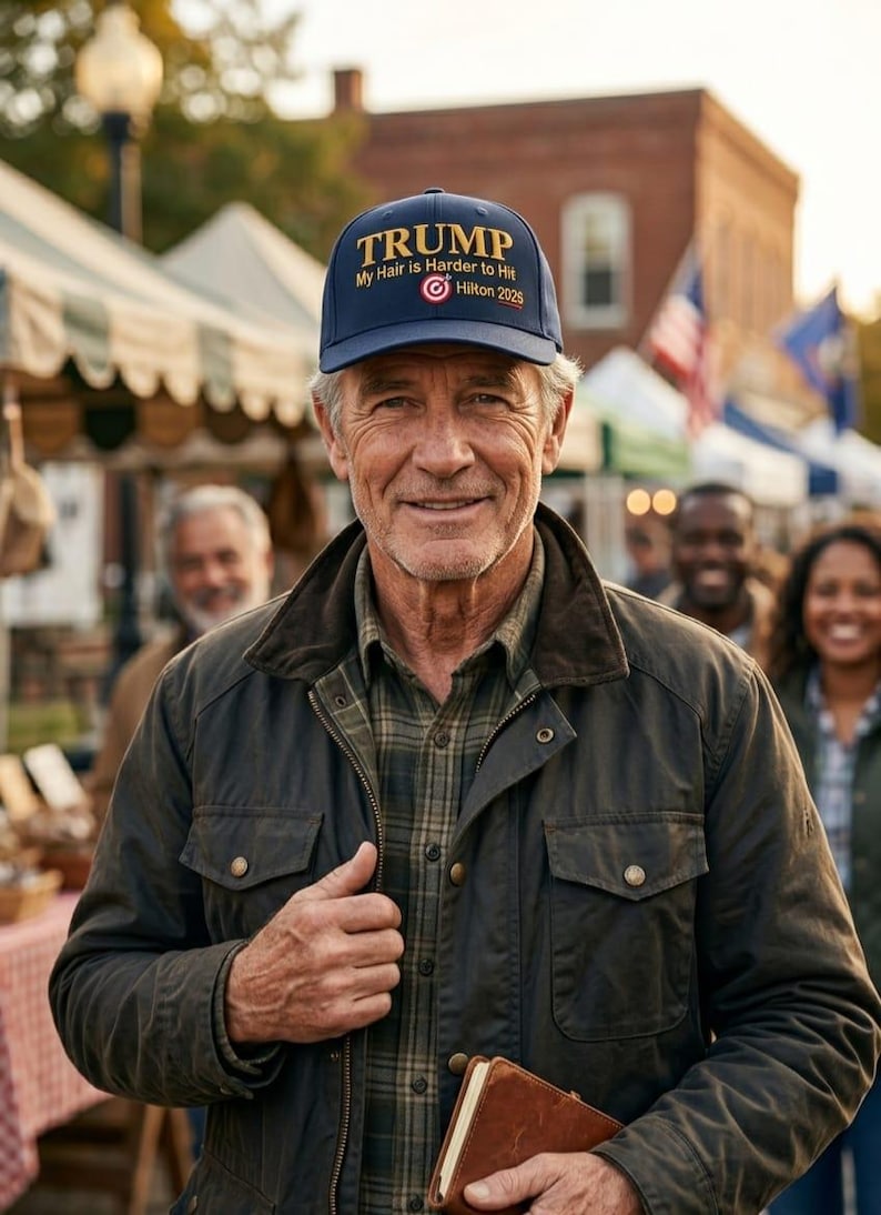 May include: A man wearing a navy blue baseball cap with the word "TRUMP" in gold lettering. The cap also features the text "My Hair is Harder to Hit Hilton 2025". He is wearing a dark jacket and a plaid shirt, smiling at the camera.