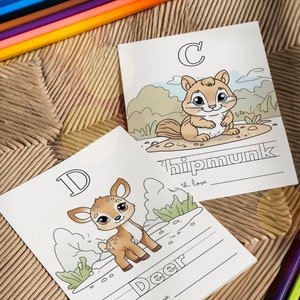 May include: Two printable coloring cards featuring a deer and a chipmunk. The cards are designed for children to color and learn the alphabet. The cards are available in 4x6, 5x7, and 8.5x11 inches.