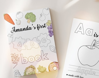 Personalized ABC Baby Shower Coloring Book – Food Theme, A-Z Game, Digital Download