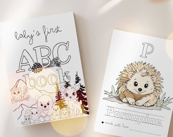 Woodland Baby Shower ABC Coloring Book, First Alphabet Book (Canva Templates)
