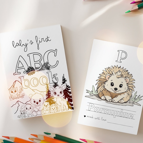 Woodland Baby Shower ABC Book, Baby Shower ABC Book Woodland, Baby Shower ABC Book, First Alphabet Book, Canva Templates, UK1AB