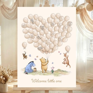 May include: A heart-shaped arrangement of cream-colored balloons, each with handwritten messages, floats above a scene featuring Winnie the Pooh characters. The artwork includes Pooh, Piglet, Eeyore, Tigger, and Roo. The phrase "Welcome little one" is written at the bottom.