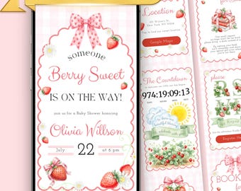 Strawberry Baby Shower Website Invitation with RSVP, Berry Sweet Baby Shower Girl Digital Invite, Canva Website