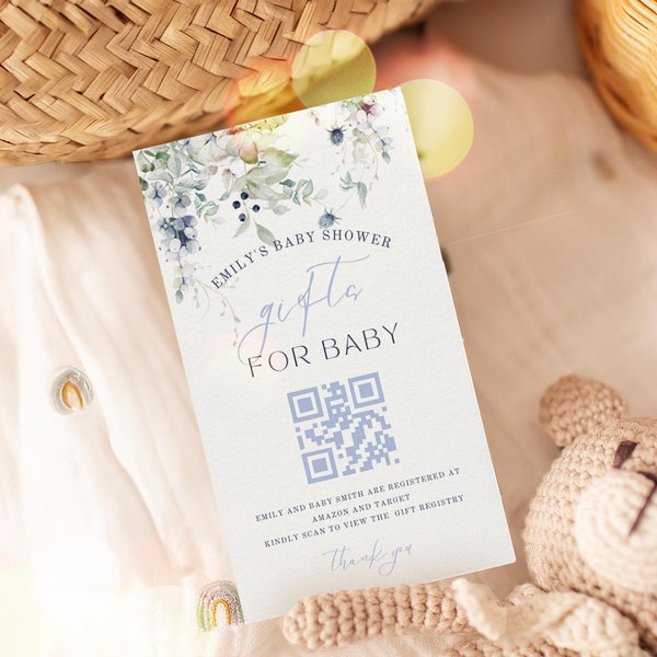 Dusty Blue Baby Shower Gift Registry Card with QR code, QR Code Details Card, Gift Registry QR Code, Baby Shower Insert Card, UK6BX