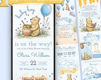 Winnie the Pooh Baby Shower Website Invitation with RSVP, Baby Shower Webside Digital Invitation for Boy, Classic Pooh Mobile Evite, Canva