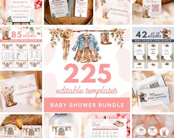 May include: A set of 225 editable templates for a baby shower. The templates feature a cowgirl theme with pink, brown, and white colors. The templates include invitations, games, signs, and thank you cards. The text on the image reads "225 editable templates Baby Shower Bundle".