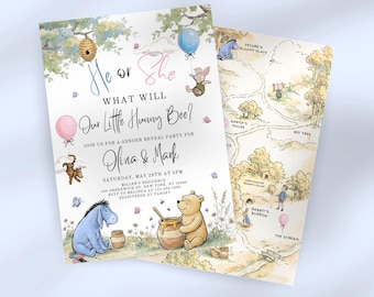 Winnie the Pooh Gender Reveal Invitation, Classic Pooh Baby Reveal Invite, Editable Canva Template, Instant Download