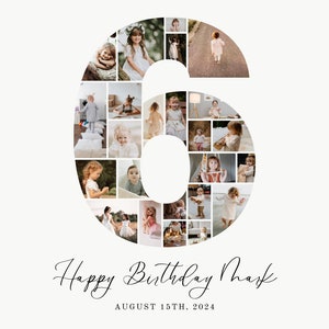 Collage fotografico del 6° compleanno, collage fotografico modificabile del numero 6, traguardo del 6° compleanno, collage fotografico del 6° anno, arte murale stampabile del compleanno