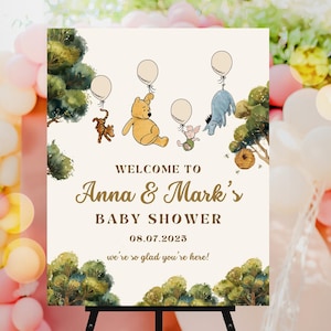 Editable Winnie the Pooh Baby Shower Welcome Sign, Winnie the Pooh Baby Shower Welcome, Winnie the Pooh Welcome Sign, Canva Template, UK68X