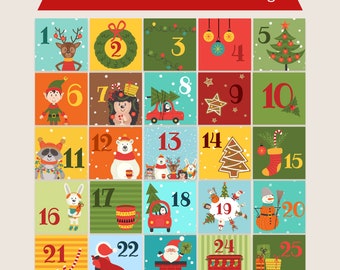 Weihnachts-Adventskalender Tags, druckbare Weihnachts-Countdown-Kalenderkarten, Adventskalender für Kinder, druckbarer Adventskalender