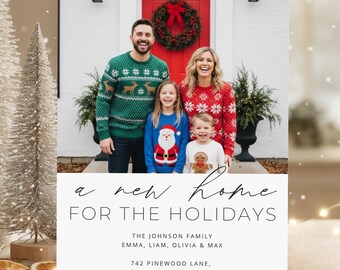 Neue Hauskarte, bearbeitbare Urlaubsfotokarten, Zuhause für die Feiertage, Umzugsankündigung, digitaler Download, Canva-Vorlage