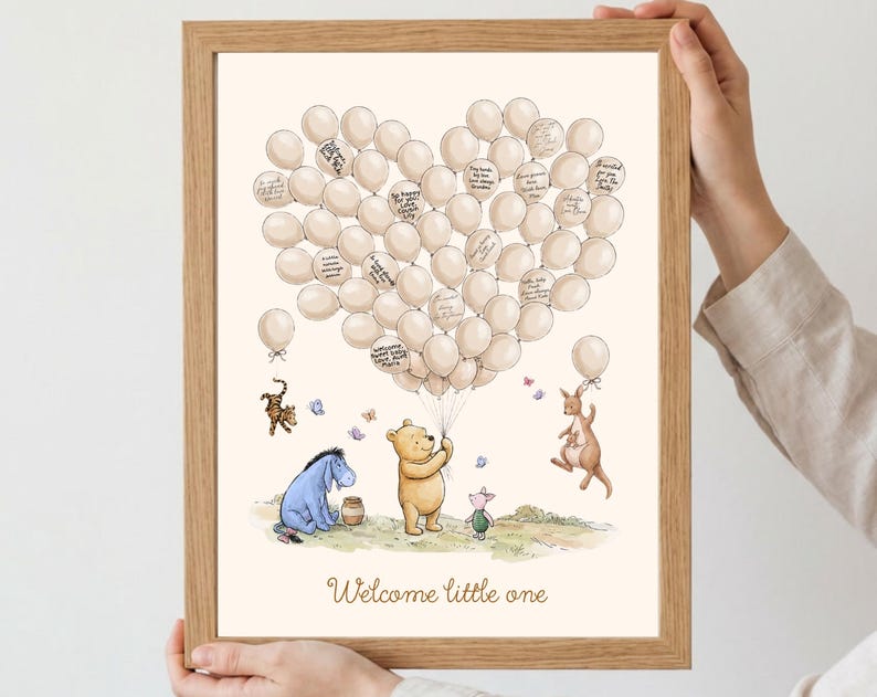 Editable Pooh baby shower guest book Canva template