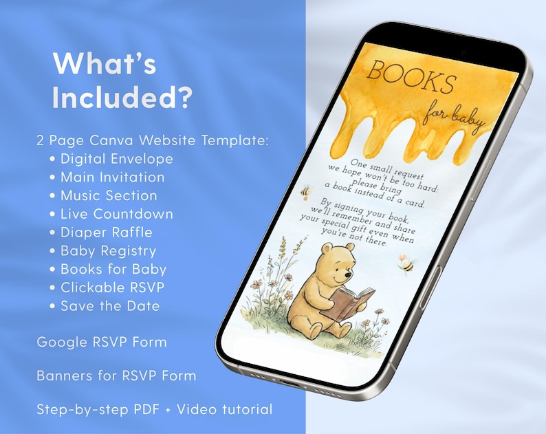 Winnie the Pooh Baby Boy Baby Shower Website Invitation, RSVP Digital Evite, Classic Pooh Canva Mobile Invite