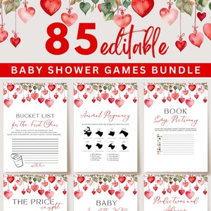 Valentines Baby Shower Games Bundle, Pink Hearts on a Branch Baby Shower Template, Red Hearts Baby Shower Games, Baby Shower Bingo, UK78X