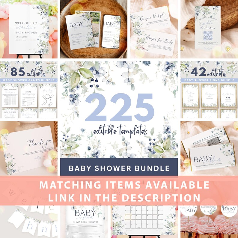 Dusty Blue Wildflower Baby Shower Games Bundle (canva Template) - Etsy