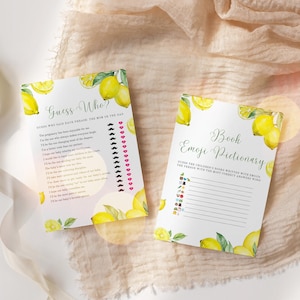 May include: Two printable baby shower game cards with a lemon theme. The first card is a "Guess Who?" game with a list of phrases and a space to mark who said each phrase, the mom or the dad. The second card is a "Book Emoji Pictionary" game with a list of emojis and a space to write the corresponding book titles.