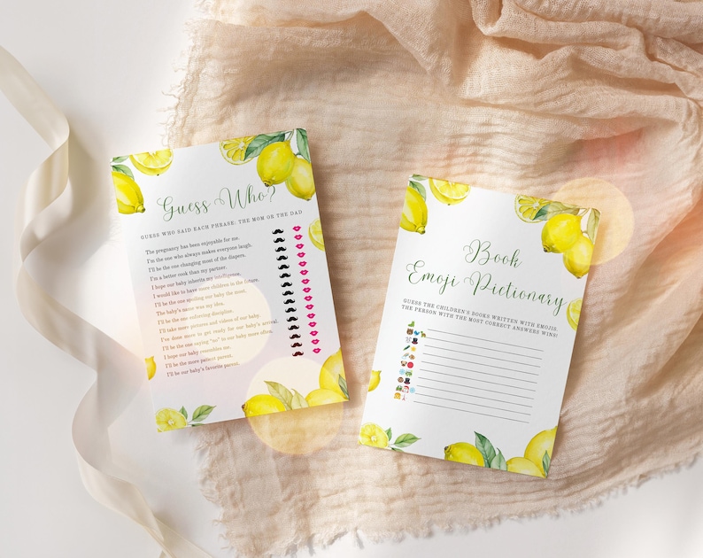 May include: Two printable baby shower game cards with a lemon theme. The first card is a "Guess Who?" game with a list of phrases and a space to mark who said each phrase, the mom or the dad. The second card is a "Book Emoji Pictionary" game with a list of emojis and a space to write the corresponding book titles.