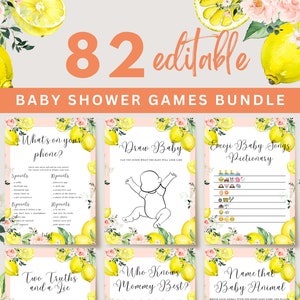 Lemonade Baby Shower Games Bundle, Pink Lemon Floral Baby Shower Games Printable, Baby Girl Shower Editable Games, Summer Baby Shower, UK22X