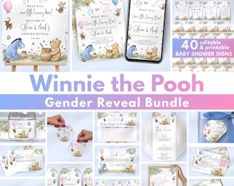 Winnie the Pooh Gender Reveal Games Bundle, Signs & Decorations, Boy or Girl, Editable Canva Template, Instant Download
