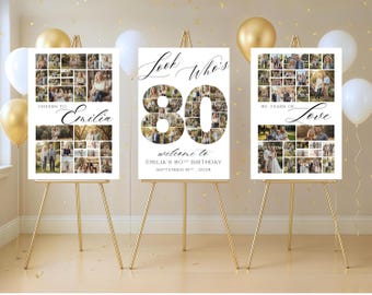 Mall för välkomstskylt för 80-årsdag – Redigerbar fotokollageposter, Canva 80-nummerfestdekoration