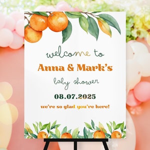 A Little Cutie Welcome Sign Decor, Little Cutie Baby Shower Welcome Sign Template, Orange Gender Neutral Welcome Sign, Canva Template, UK69X
