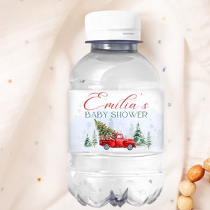 Étiquettes pour bouteilles d'eau Baby shower de Noël, camion rouge avec arbre de Noël Étiquettes pour bouteilles d'eau pour baby shower, baby shower d'hiver, UK71X