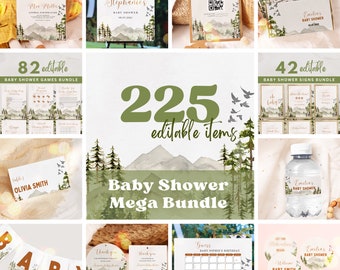 Let the Adventure Begin Mountain Baby Shower Invitation Bundle, Editable Woodland Baby Shower Games, Canva Template, UK32X