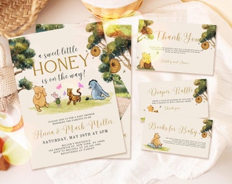 Winnie the Pooh Baby Shower Invitation Bundle, Winnie the Pooh Baby Shower Invite Set, Winnie the Pooh Invitation, Сanva Template, UK65X
