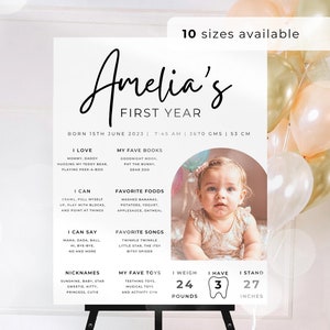 Tableau des jalons du premier anniversaire, affiche modifiable du 1er anniversaire, jalon d'anniversaire moderne, affiche jalon avec photo, UK13M