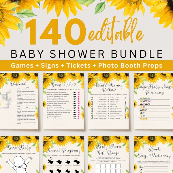 Editable Sunflower Baby Shower Game Bundle, Girl Baby Shower Games, Boho Sunflower Baby Shower, Rustic Baby Shower Printable Games, UK25X