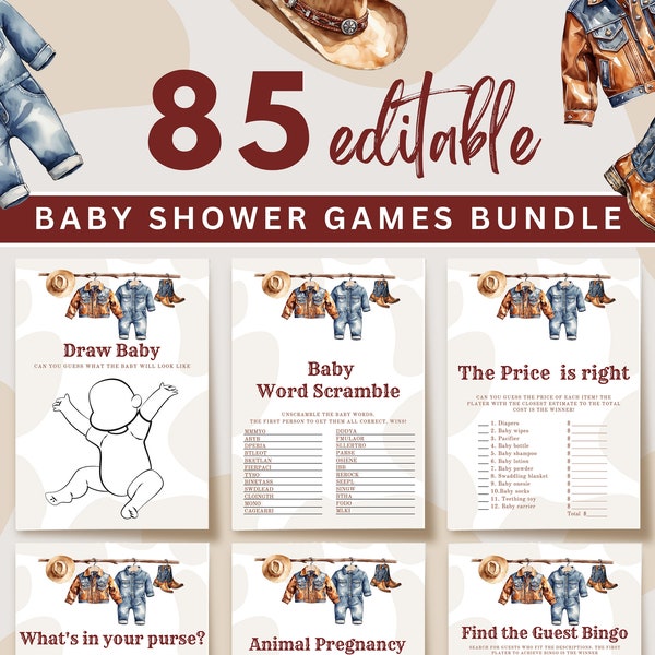 Cowboy Baby Shower Games Bundle, Western Baby Shower Games, Rodeo Baby Shower Games Set, Cowboy Stuff Decor, Canva Template, UK28X