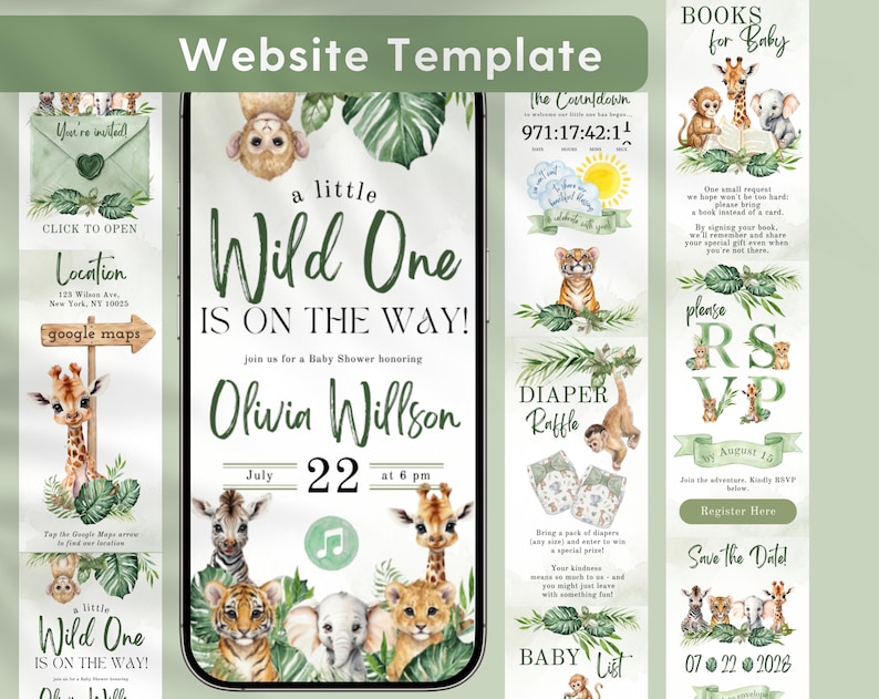 Safari Baby Shower Invitation Website Template with editable Canva animations
