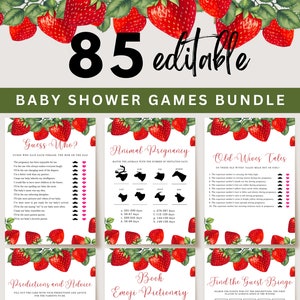 Bewerkbare aardbei babyshowergames, afdrukbare bundel babyshowerspellen, Berry Sweet babyshowergames, babyshowergames voor meisjes, UK38X