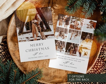 May include: A white Christmas card with a family photo on the front and multiple photos on the back. The front reads "MERRY CHRISTMAS" with the family name and year. The back says "Wishing you joy and cheer this holiday season and a bright new year."