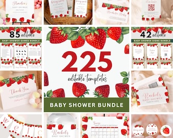 Strawberry Baby Shower Games Bundle, Editable Strawberry Baby Shower Games and Signs, Strawberry Baby Shower Decor, Canva Templates, UK38X