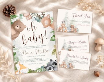 Peut inclure: Un ensemble de faire-part de baby shower avec des animaux de la forêt à l'aquarelle, dont un ours, un cerf, un renard et un raton laveur. La carte principale indique oh baby! Anna Miller. Les petites cartes incluent Thank You, Diaper Raffle.