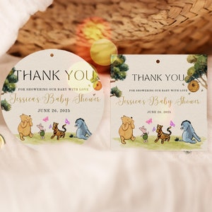 Winnie the Pooh Baby Shower Favor Tags, Classic Winnie the Pooh Baby Shower Circle or Square Favor Tags, Canva Template, UK65X