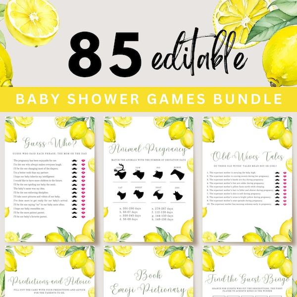 Lemon Baby Shower Games, Printable Baby Shower Games Bundle, Italian Baby Shower, Editable Baby Shower Games Bundle, UK21X