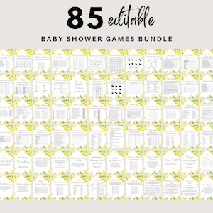 May include: A set of 85 printable baby shower games featuring a lemon theme. The games are editable and include a variety of activities such as word searches, bingo, and trivia.