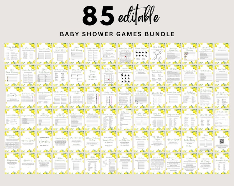 May include: A set of 85 printable baby shower games featuring a lemon theme. The games are editable and include a variety of activities such as word searches, bingo, and trivia.