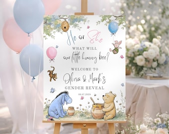 Cartello di benvenuto per la festa di rivelazione del sesso del bambino a tema Winnie the Pooh: modello Canva modificabile (download digitale)