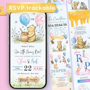 Puede incluir: Una invitación digital para revelación de género con Winnie the Pooh, un tarro de miel y globos. El texto dice What Will Our Little Hunny Bee, Olivia & Mark, July 22 at 6 pm, 123 Wilsons St., New York y Google Maps. Incluye una pancarta de RSVP.