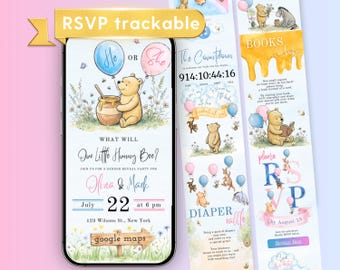 May include: A digital gender reveal invitation featuring Winnie the Pooh with a honey pot and balloons. The text reads What Will Our Little Hunny Bee, Olivia & Mark, July 22 at 6 pm, 123 Wilsons St., New York, and Google Maps. Includes RSVP trackable banner.